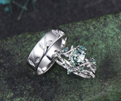 Oval Cut Natural Moss Agate Leaf Floral Ring Set & 5.5mm Leaf Engraved Full Eternity Men Ring Elegant Couple Ring Set
