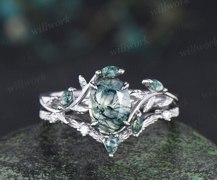 Oval Cut Natural Moss Agate Leaf Floral Ring Set & 5.5mm Leaf Engraved Full Eternity Men Ring Elegant Couple Ring Set