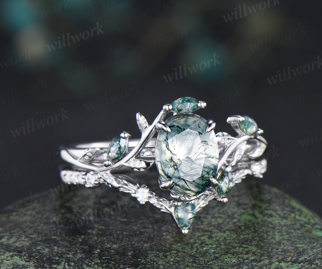 Oval Cut Natural Moss Agate Leaf Floral Ring Set & 5.5mm Leaf Engraved Full Eternity Men Ring Elegant Couple Ring Set