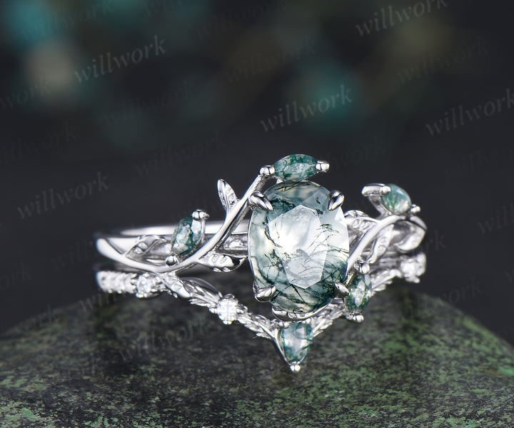 Oval Cut Natural Moss Agate Leaf Floral Ring Set & 5.5mm Leaf Engraved Full Eternity Men Ring Elegant Couple Ring Set