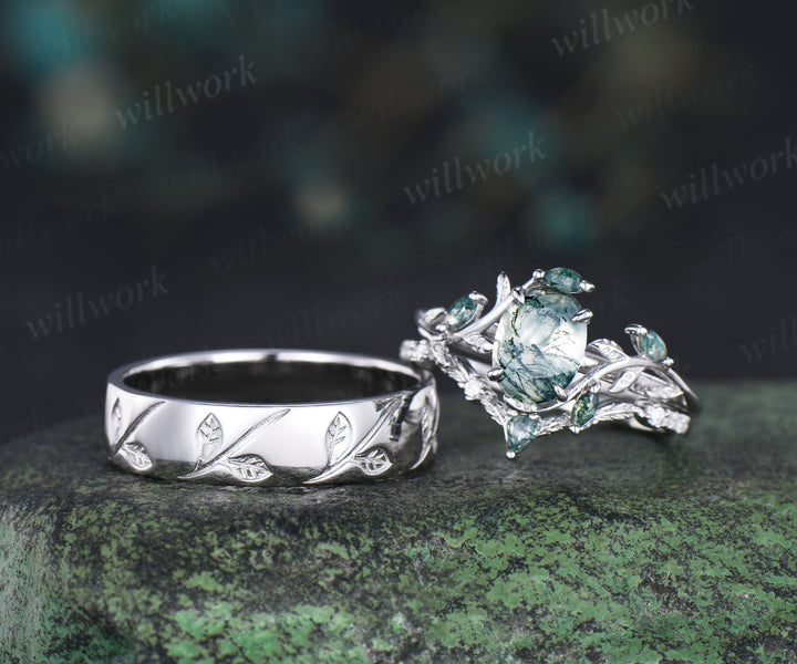 Oval Cut Natural Moss Agate Leaf Floral Ring Set & 5.5mm Leaf Engraved Full Eternity Men Ring Elegant Couple Ring Set