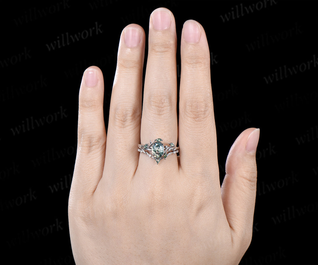 Oval Cut Natural Moss Agate Leaf Floral Ring Set & 5.5mm Leaf Engraved Full Eternity Men Ring Elegant Couple Ring Set