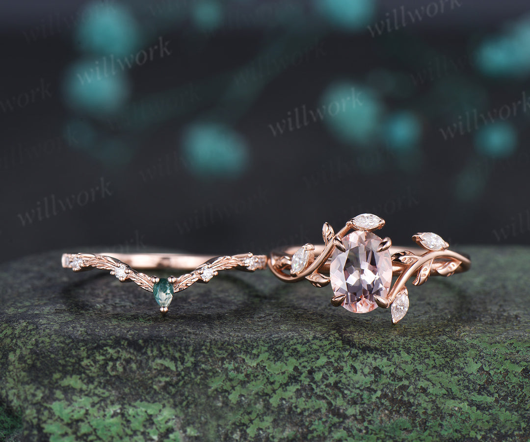 Vintage oval cut morganite engagement ring leaf inspired ring curved moss agate moissanite ring unique bridal set