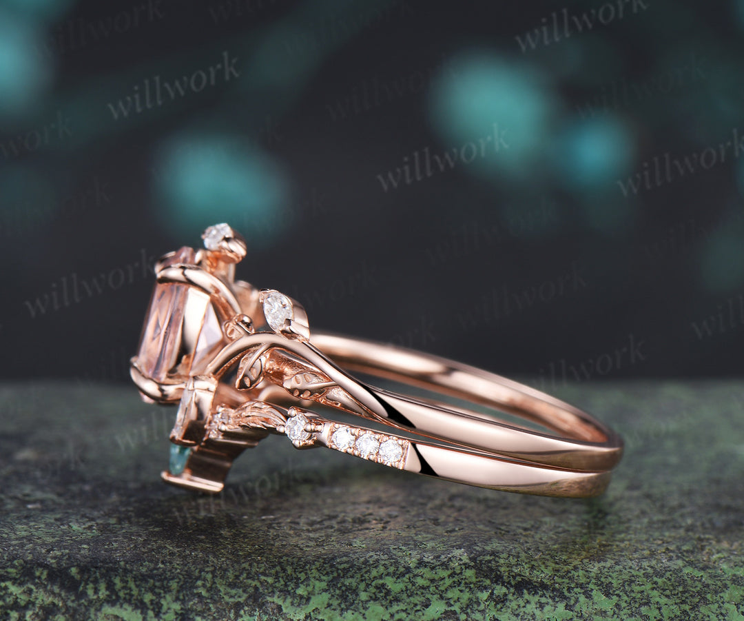 Vintage oval cut morganite engagement ring leaf inspired ring curved moss agate moissanite ring unique bridal set