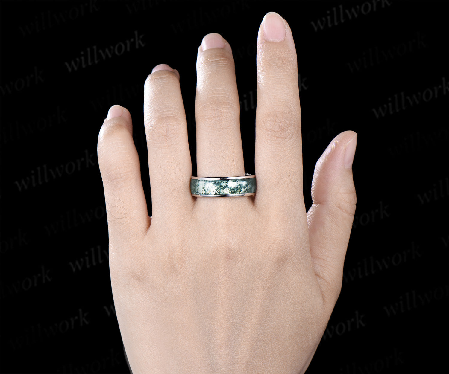 Oval Moss Agate Twig Leaf Ring Set & Unique Half Eternity Moss