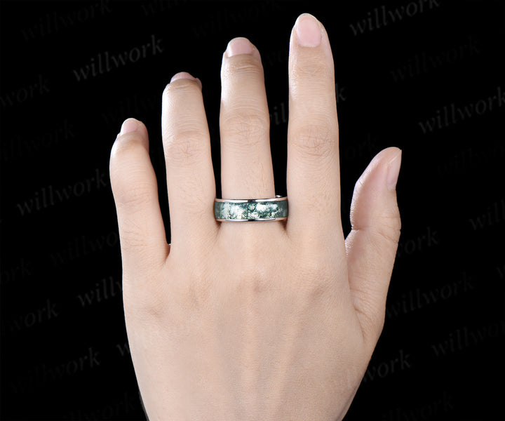 Oval Moss Agate Twig Leaf Ring Set & Unique Half Eternity Moss Agate Men Wedding Ring Couple Ring Set
