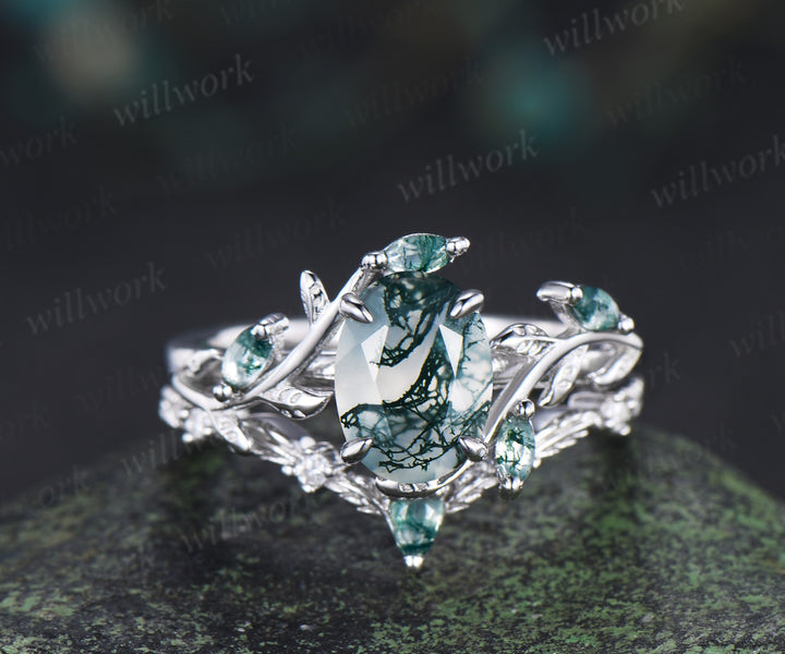 Oval Moss Agate Twig Leaf Ring Set & Unique Half Eternity Moss Agate Men Wedding Ring Couple Ring Set