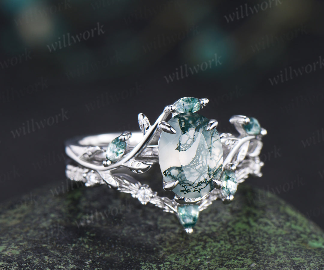 Oval Moss Agate Twig Leaf Ring Set & Unique Half Eternity Moss Agate Men Wedding Ring Couple Ring Set