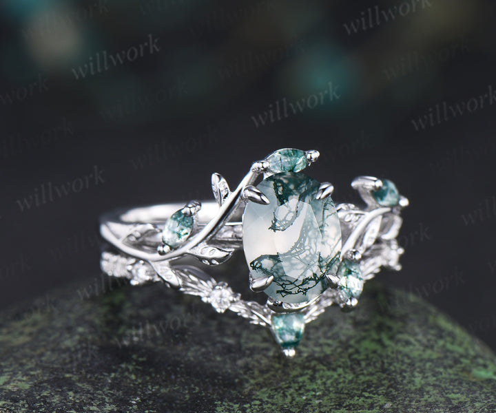 Oval Moss Agate Twig Leaf Ring Set & Unique Half Eternity Moss Agate Men Wedding Ring Couple Ring Set