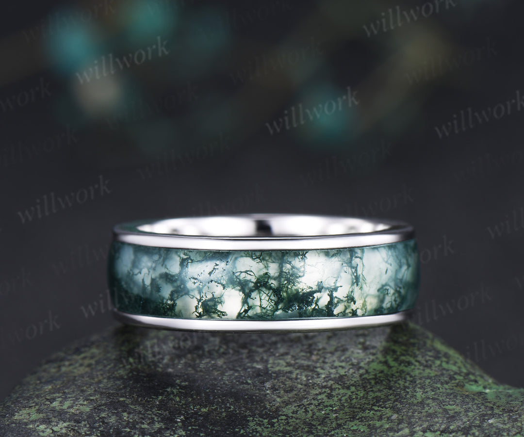 Oval Moss Agate Twig Leaf Ring Set & Unique Half Eternity Moss Agate Men Wedding Ring Couple Ring Set