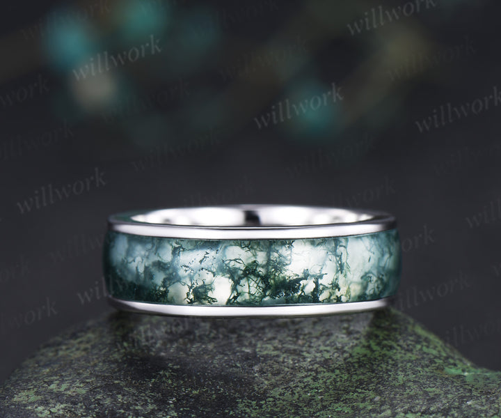Oval Moss Agate Twig Leaf Ring Set & Unique Half Eternity Moss Agate Men Wedding Ring Couple Ring Set