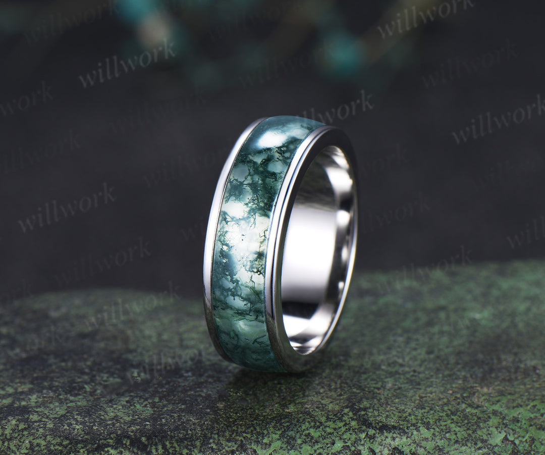 Oval Moss Agate Twig Leaf Ring Set & Unique Half Eternity Moss Agate Men Wedding Ring Couple Ring Set