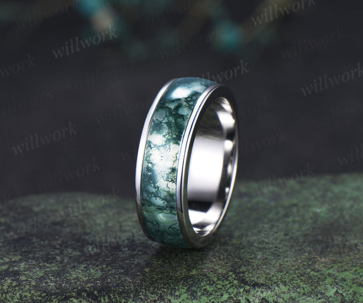 Oval Moss Agate Twig Leaf Ring Set & Unique Half Eternity Moss Agate Men Wedding Ring Couple Ring Set
