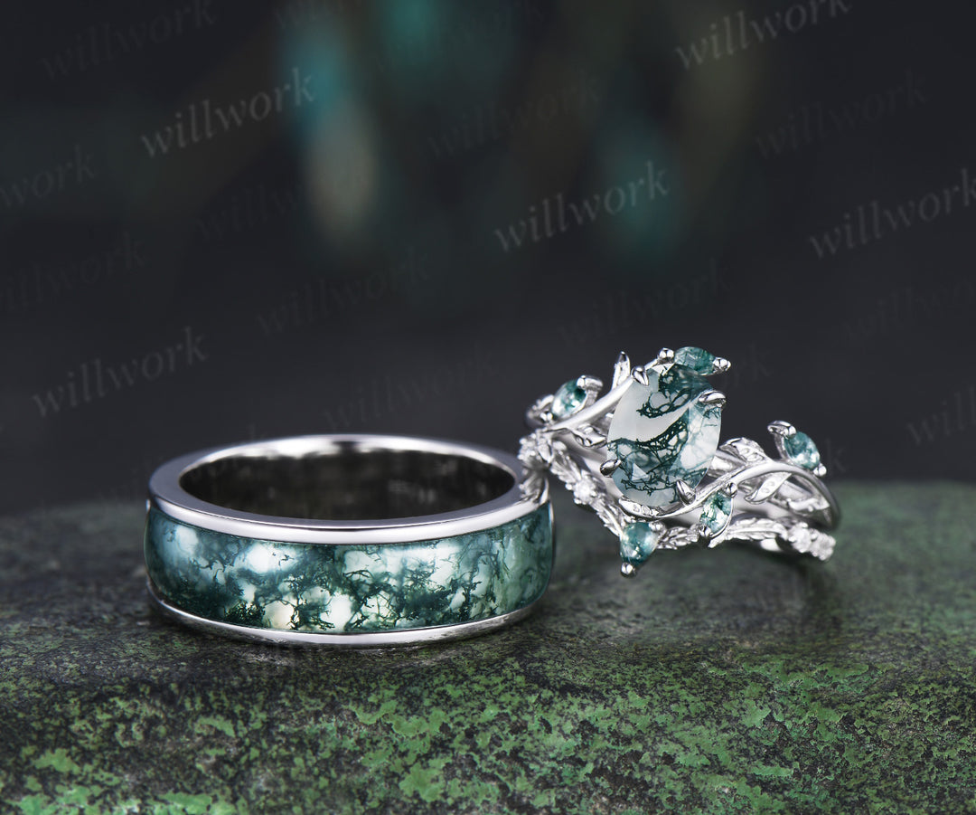 Oval Moss Agate Twig Leaf Ring Set & Unique Half Eternity Moss Agate Men Wedding Ring Couple Ring Set