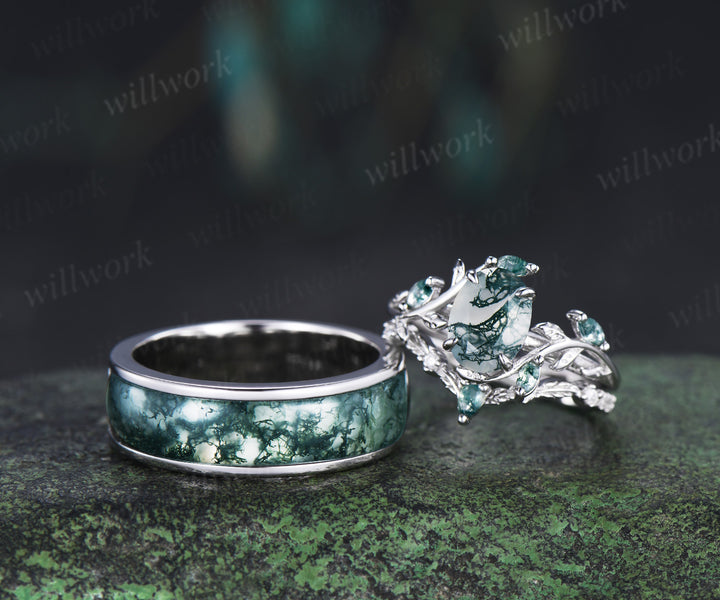 Oval Moss Agate Twig Leaf Ring Set & Unique Half Eternity Moss Agate Men Wedding Ring Couple Ring Set