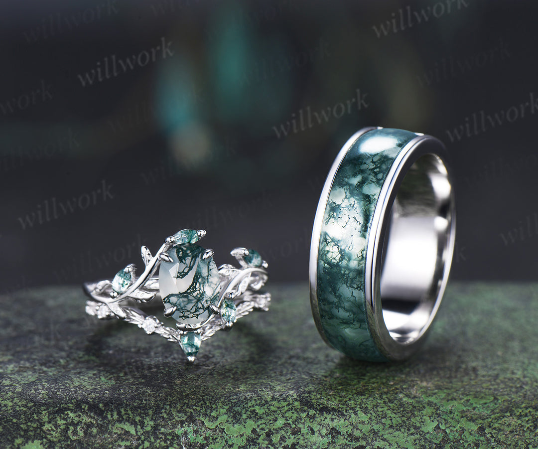 Oval Moss Agate Twig Leaf Ring Set & Unique Half Eternity Moss Agate Men Wedding Ring Couple Ring Set
