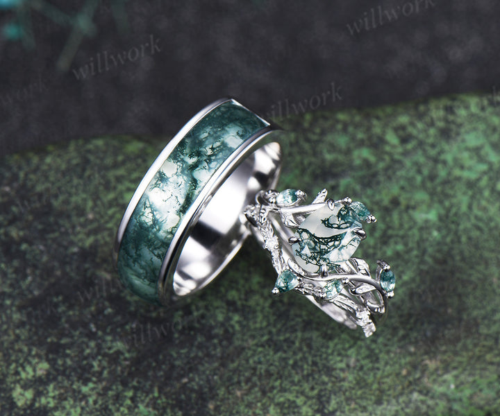 Oval Moss Agate Twig Leaf Ring Set & Unique Half Eternity Moss Agate Men Wedding Ring Couple Ring Set