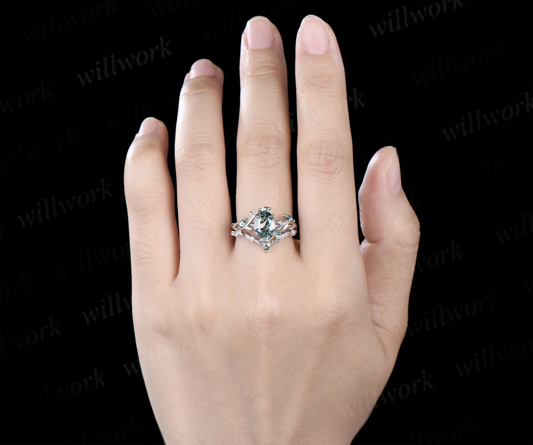 Oval Moss Agate Twig Leaf Ring Set & Unique Half Eternity Moss Agate Men Wedding Ring Couple Ring Set