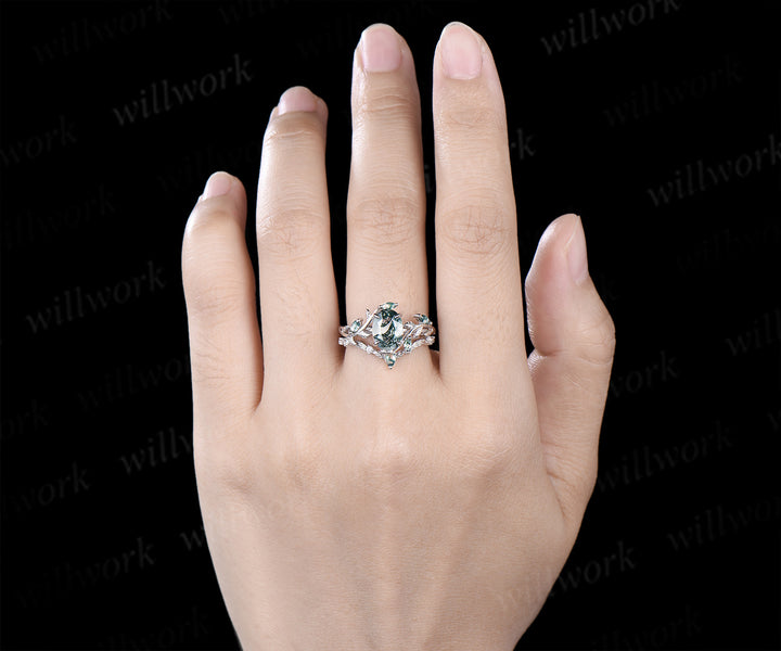 Oval Moss Agate Twig Leaf Ring Set & Unique Half Eternity Moss Agate Men Wedding Ring Couple Ring Set