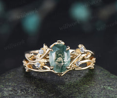 Oval cut Natural Moss Agate Engagement Ring Set Twig Leaf Promise Ring Aquamarine Wedding Band Nature Inspired Bridal Set