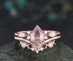 Vintage pear rose quartz engagement ring moissanite seven stone ring moon trinity opal matching band unique bridal set