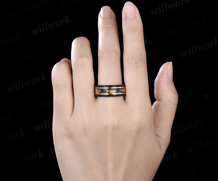 Nature Inspired Oval Blue Sandstone Leaf Ring Set & Tungsten Gold Flakes Men's Ring Unique Couple Wedding Rings