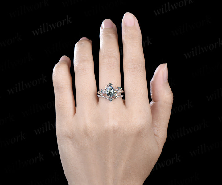 Pear Moss Agate Twig Leaf Ring Set & 5mm Moss Agate Opal Garnet Men Ring Unique Couple Ring Set