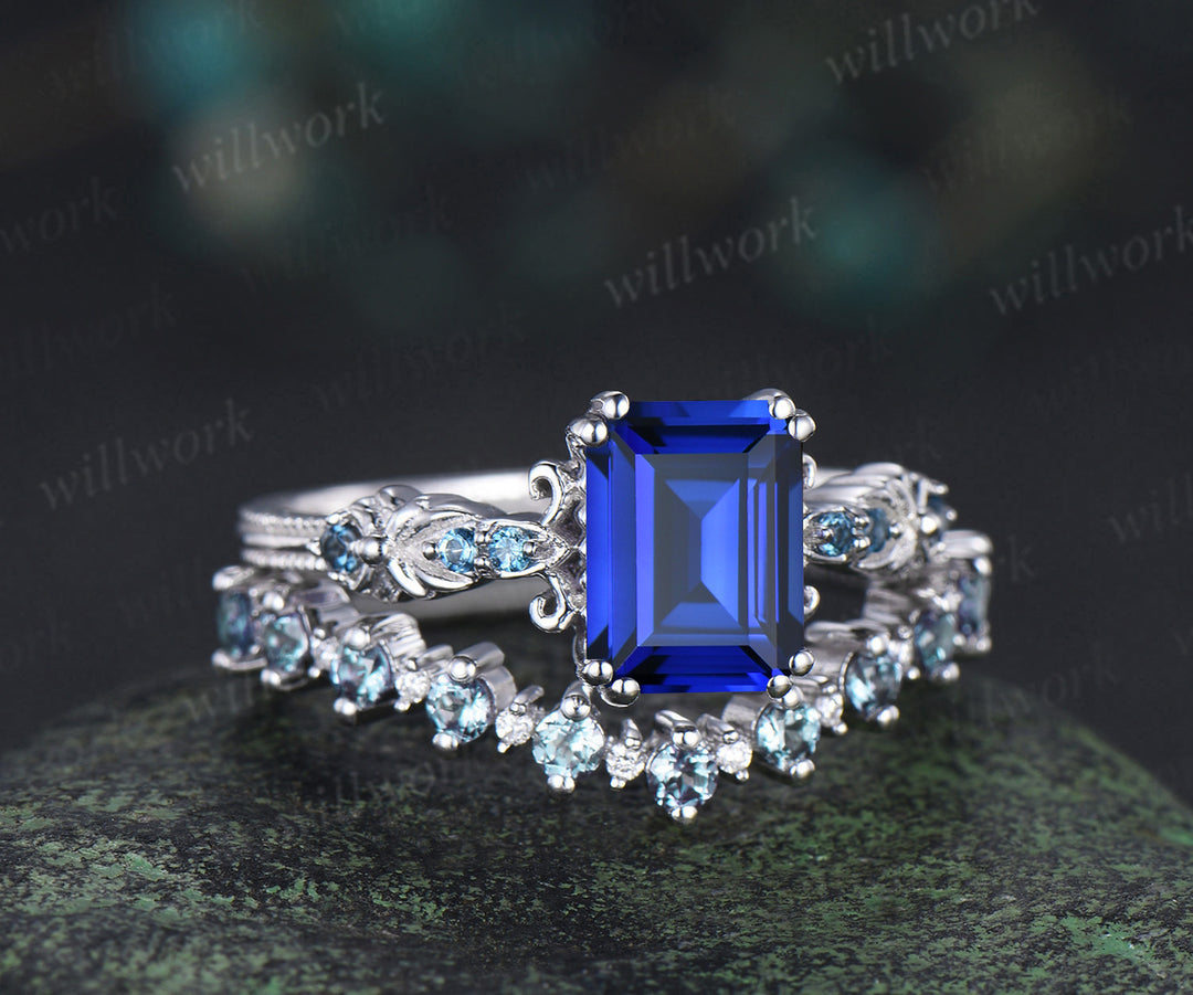 Vintage emerald cut sapphire engagement ring set unique filigree art deco London blue topaz ring half eternity alexandrite wedding band bridal set