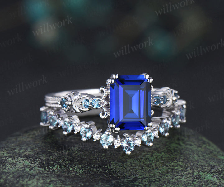 Vintage emerald cut sapphire engagement ring set unique filigree art deco London blue topaz ring half eternity alexandrite wedding band bridal set