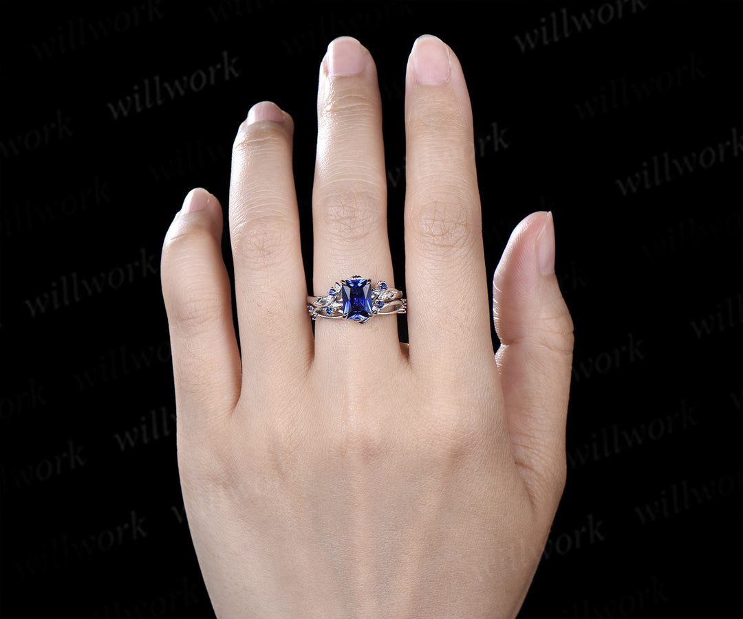Radianit Cut Sapphire Twig Leaf Ring Set & Round Sapphire Black Spinel Men Wedding Ring Couple Ring Set