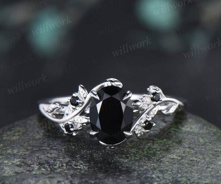 Nature Inspired Oval Cut Black Onyx Engagement Ring Set Leaf Vine Black Diamond Accent Promise Ring Curved Matching Band Unique Bridal Set