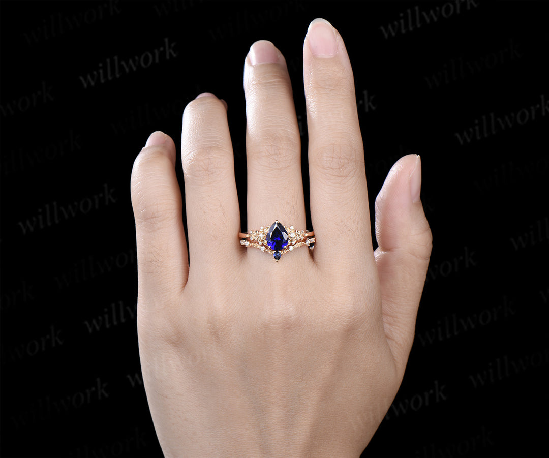 Nature Inspired Pear Sapphire Leaf Twig Ring Set & Tungsten Galaxy Nebula Men Blue Sandstone Band Couple Ring Set