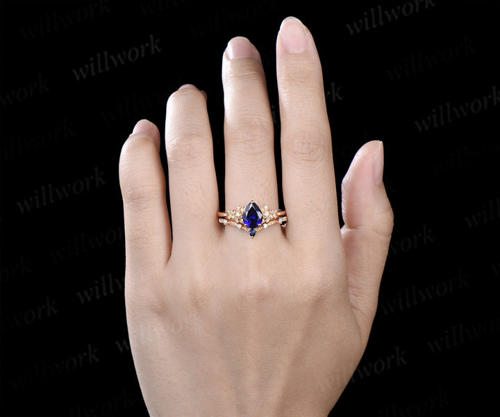 Nature Inspired Pear Sapphire Leaf Twig Ring Set & Tungsten Galaxy Nebula Men Blue Sandstone Band Couple Ring Set