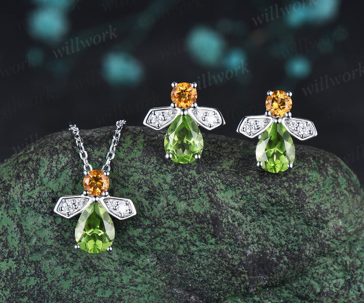 Pear cut peridot citrine earrings necklace firefly inspired peridot & citrine jewelry set
