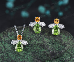 Pear cut peridot citrine earrings necklace firefly inspired peridot & citrine jewelry set