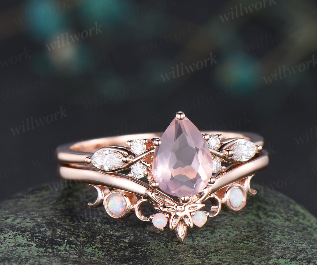Vintage pear rose quartz engagement ring moissanite seven stone ring moon trinity opal matching band unique bridal set
