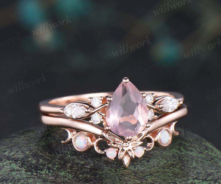 Vintage pear rose quartz engagement ring moissanite seven stone ring moon trinity opal matching band unique bridal set