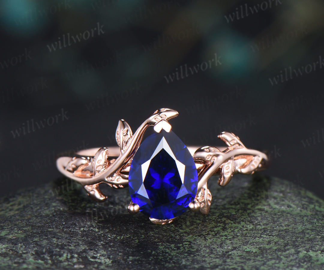 Pear sapphire leaf engagement ring set vintage solitaire twig ring alexandrite matching band bridal set