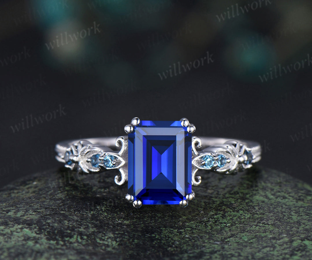 Vintage emerald cut sapphire engagement ring set unique filigree art deco London blue topaz ring half eternity alexandrite wedding band bridal set