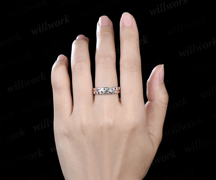 Pear Moss Agate Twig Leaf Ring Set & 5mm Moss Agate Opal Garnet Men Ring Unique Couple Ring Set