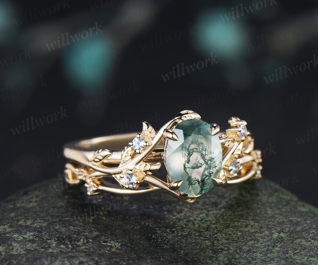 Oval cut Natural Moss Agate Engagement Ring Set Twig Leaf Promise Ring Aquamarine Wedding Band Nature Inspired Bridal Set