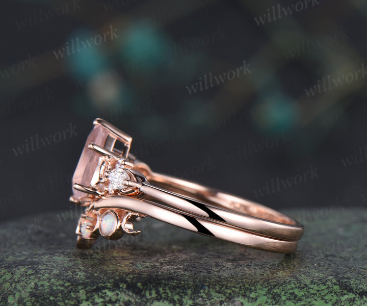 Vintage pear rose quartz engagement ring moissanite seven stone ring moon trinity opal matching band unique bridal set