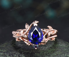 Pear sapphire leaf engagement ring set vintage solitaire twig ring alexandrite matching band bridal set