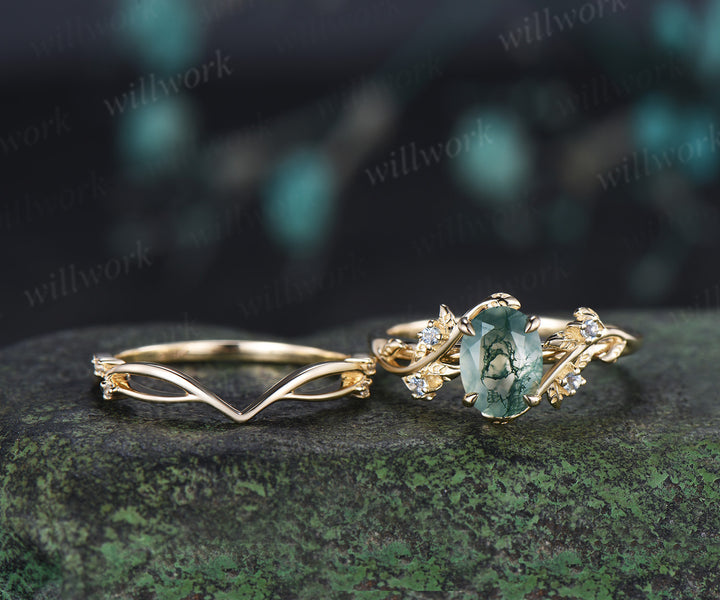 Oval cut Natural Moss Agate Engagement Ring Set Twig Leaf Promise Ring Aquamarine Wedding Band Nature Inspired Bridal Set