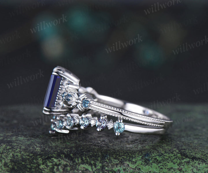 Vintage emerald cut sapphire engagement ring set unique filigree art deco London blue topaz ring half eternity alexandrite wedding band bridal set
