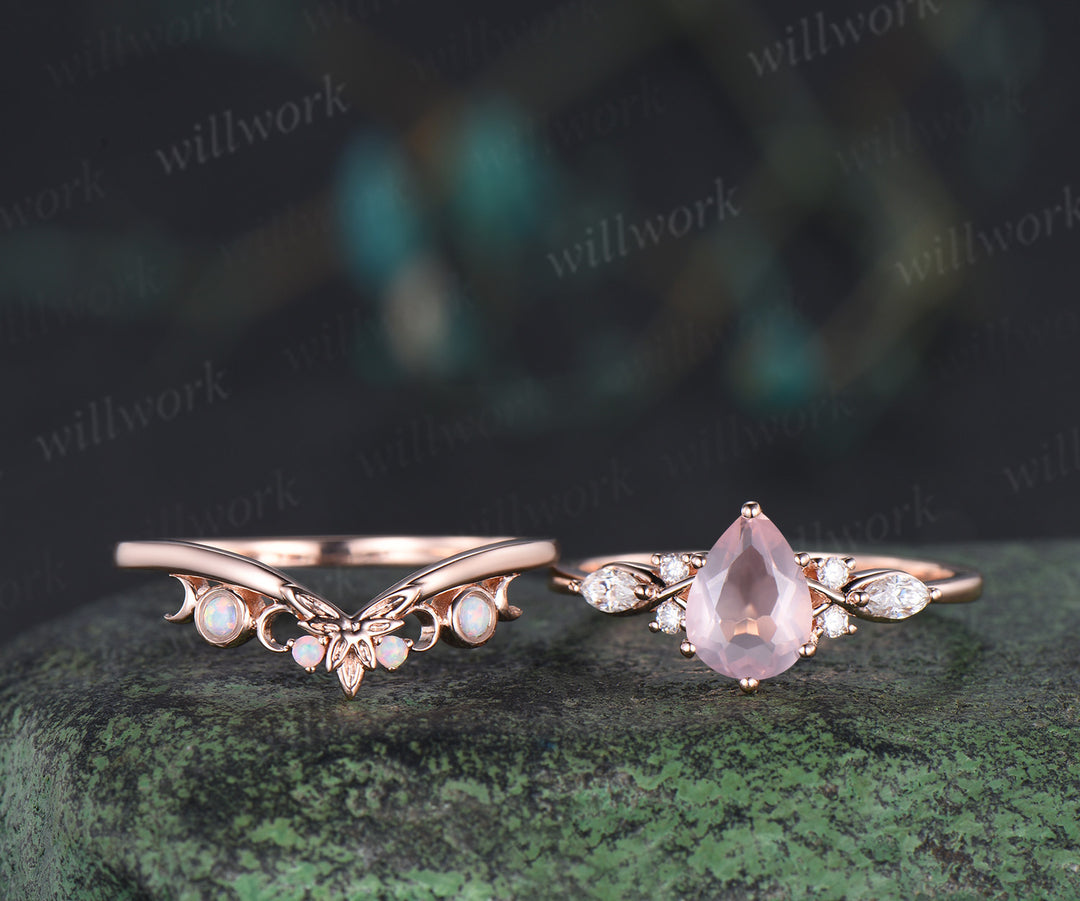 Vintage pear rose quartz engagement ring moissanite seven stone ring moon trinity opal matching band unique bridal set