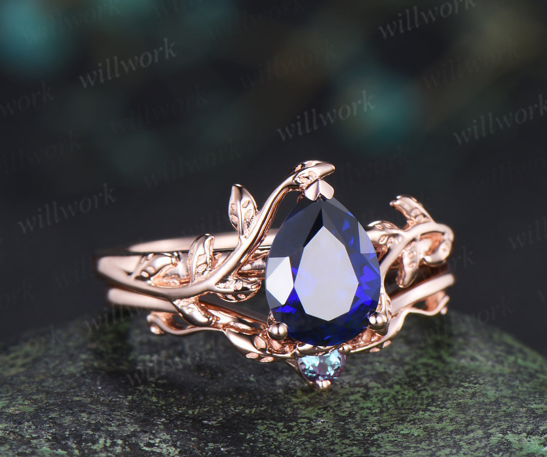 Pear sapphire leaf engagement ring set vintage solitaire twig ring alexandrite matching band bridal set