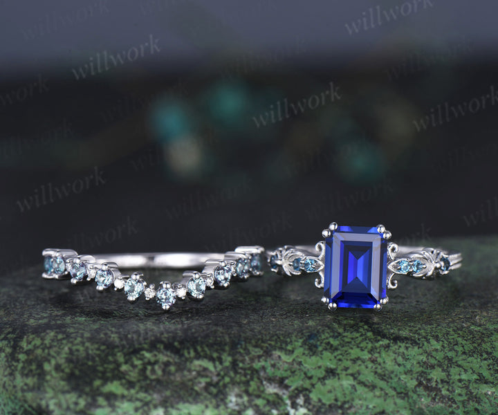 Vintage emerald cut sapphire engagement ring set unique filigree art deco London blue topaz ring half eternity alexandrite wedding band bridal set