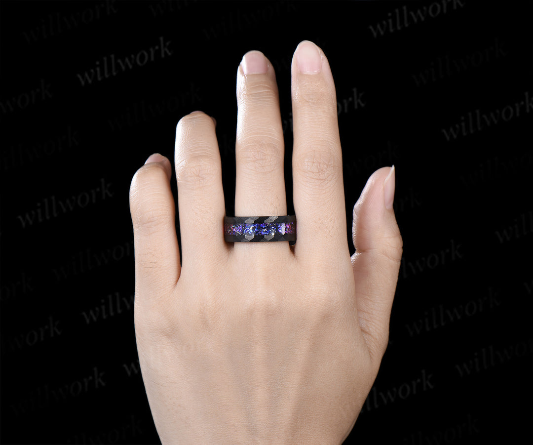 Leaf Pear Opal Amethyst Engagement Ring Set & Tungsten Galaxy Nebula Mens Band Unique Couple Ring Set