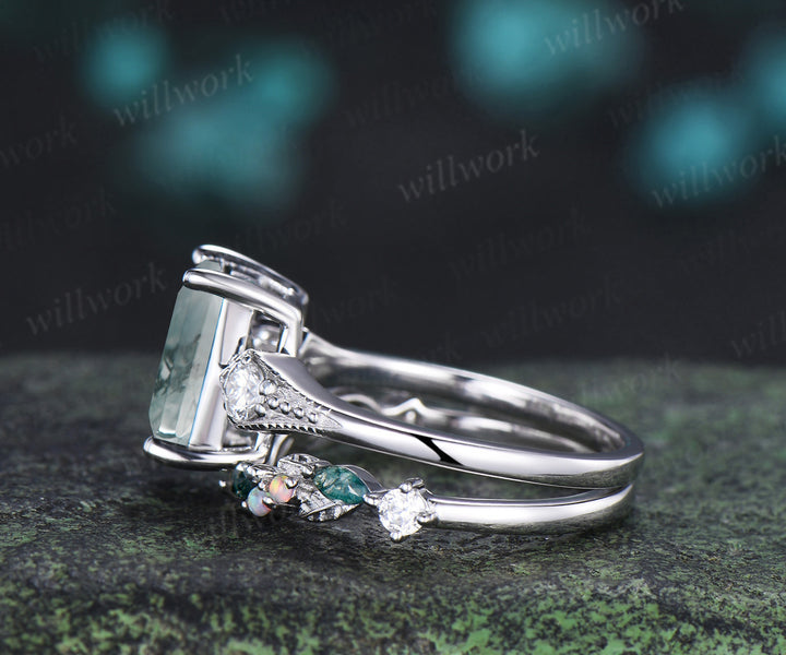 Emerald cut moss agate ring set milgrain moissanite three stone ring moss agate leaf open gap wedding band bridal set